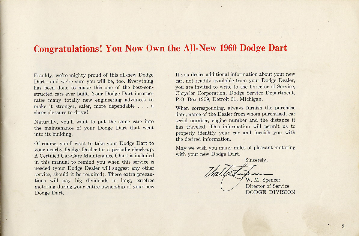 1960 Dodge Dart Owners Manual Page 2